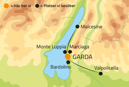 Karta ver platser som besks under en vandringsresa till Gardasjn.
